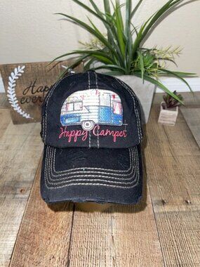 Happy camper baseball cap embroidered factory distressed vintage black hat